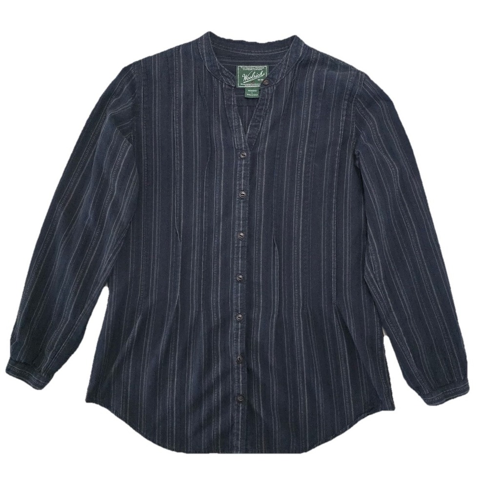 Woolrich Shirt Womens L Gray Striped Band Collar Cotton Tunic Prairie Lagenlook